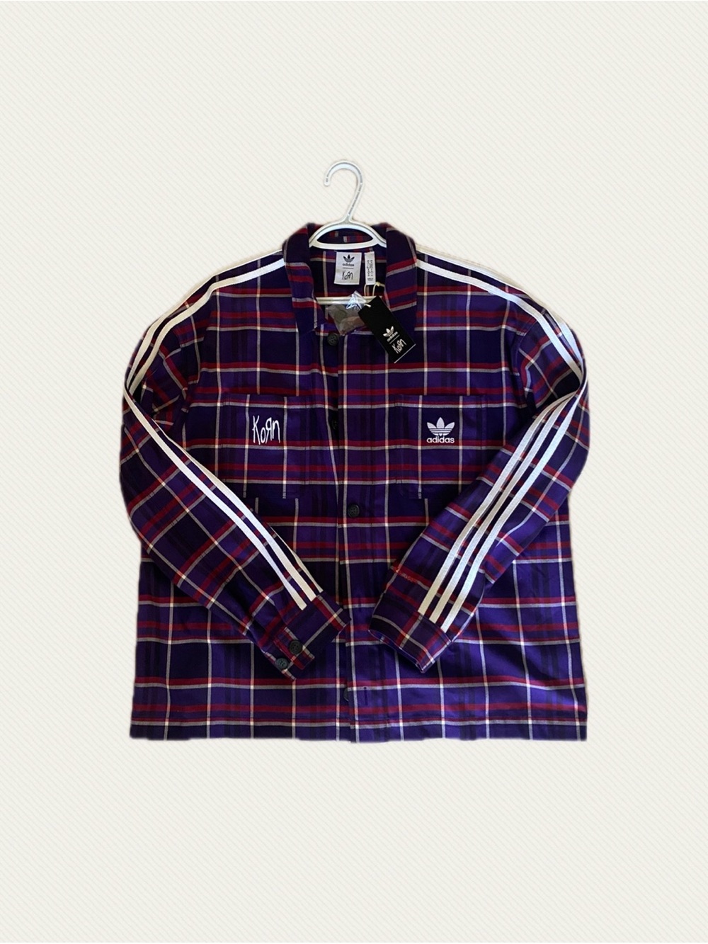 New Korn Adidas Purple Plaid Shirt Jacket with White 3-Stripes